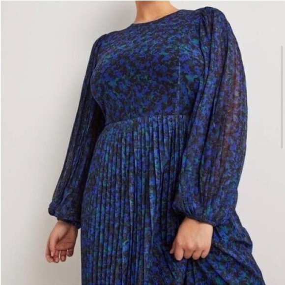 Boden Midi Dress Size 20 Blue Floral Watercolor Long Balloon Sleeve Pleated - Picture 3 of 16
